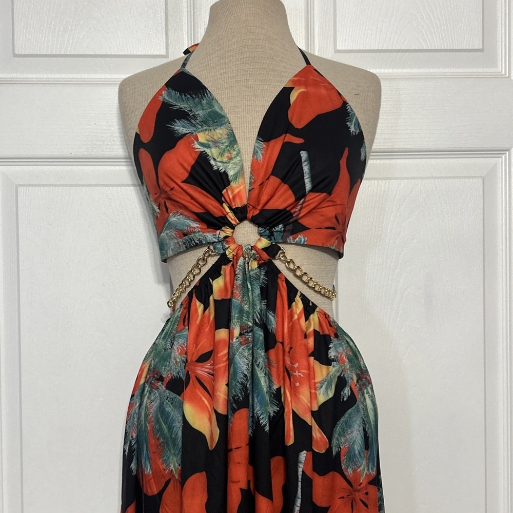 Floral Print Chain Double Slit Tie Back Halter Dress Large Tropical Beach Resort